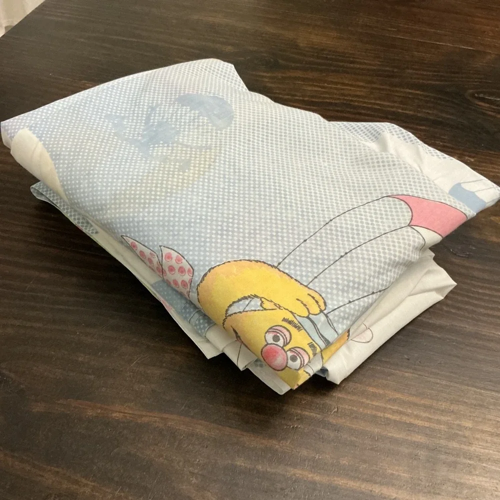 Vintage Muppet Babies Twin Fitted Flat Sheet Kermit Miss Piggy 1980s Blue Set